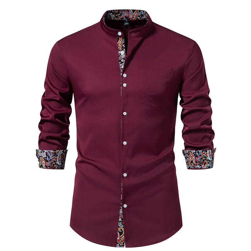 Herren Langarm Hemd mit modernem Stehkragen und Paisleymuster Drune