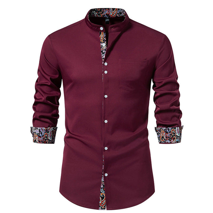 Herren Langarm Hemd mit modernem Stehkragen und Paisleymuster Drune