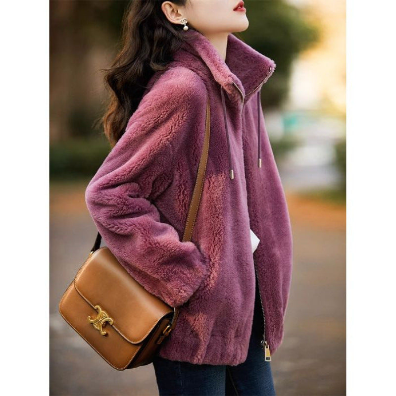Damen Plüschjacke mit hohem Kragen und seitlichem Reißverschluss Drune