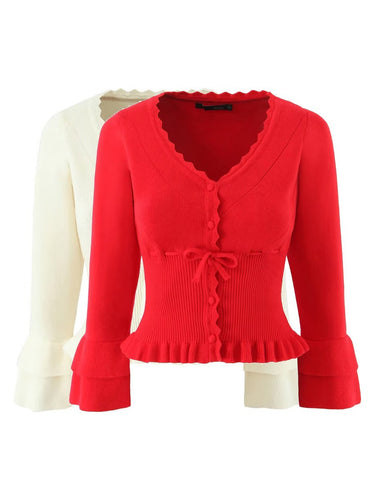 Damen modische kurzärmelige Strickjacke mit Rüschendetails und Knopfverschluss Drune