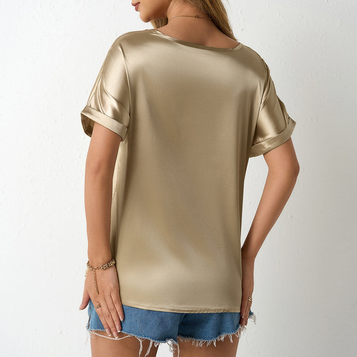 Damen Satin T-Shirt mit lockerem Schnitt und Brusttasche Drune