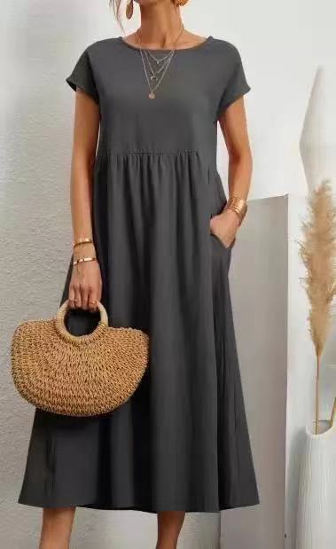 Damen Midi-Kleid mit Ballonärmeln und praktischen Taschen Drune