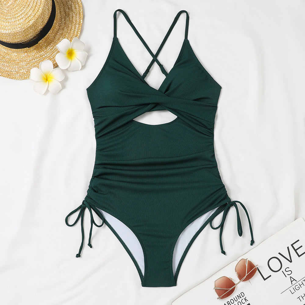 Damen Einteiler Badeanzug mit raffiniertem Wickeldesign und modischem Cut-Out Drune