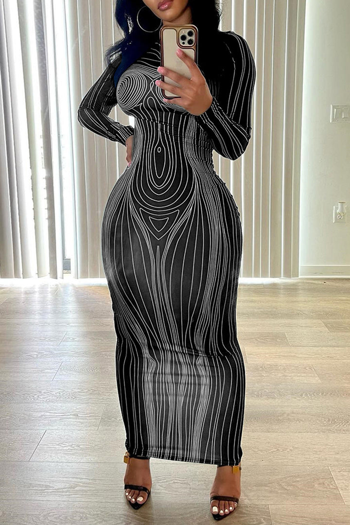 Damen figurbetontes Langarm-Maxikleid mit modernem Grafikdesign Drune