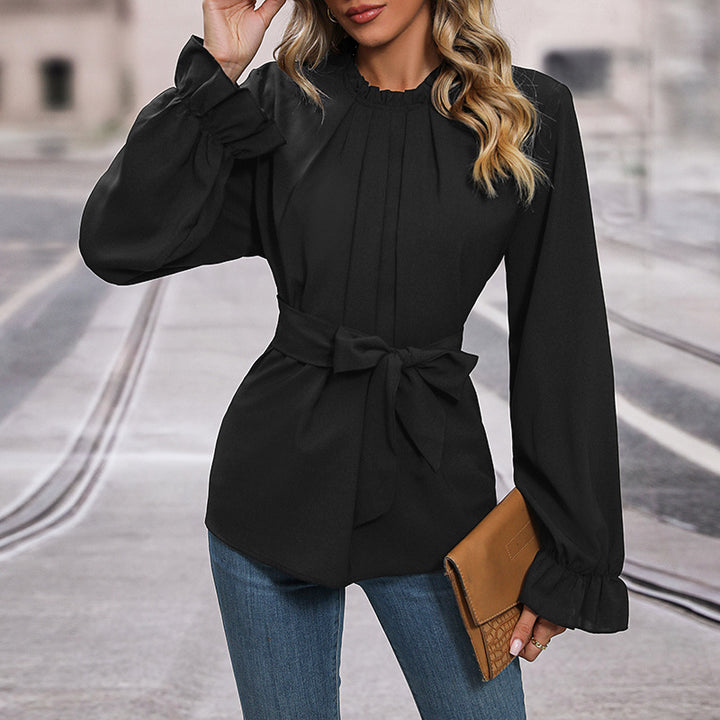 Damen elegante Bluse mit Rüschendetails und Taillengürtel Drune