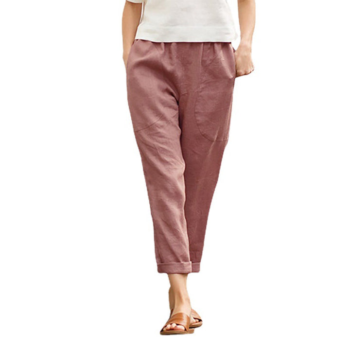 Damen nan legere Leinen-Baumwollhose mit elastischem Bund, aufgesetzten Taschen und konischer Beinform Drune