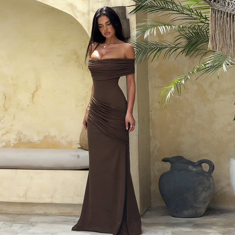 Damen Off-Shoulder Maxikleid mit eleganter Drapierung Drune