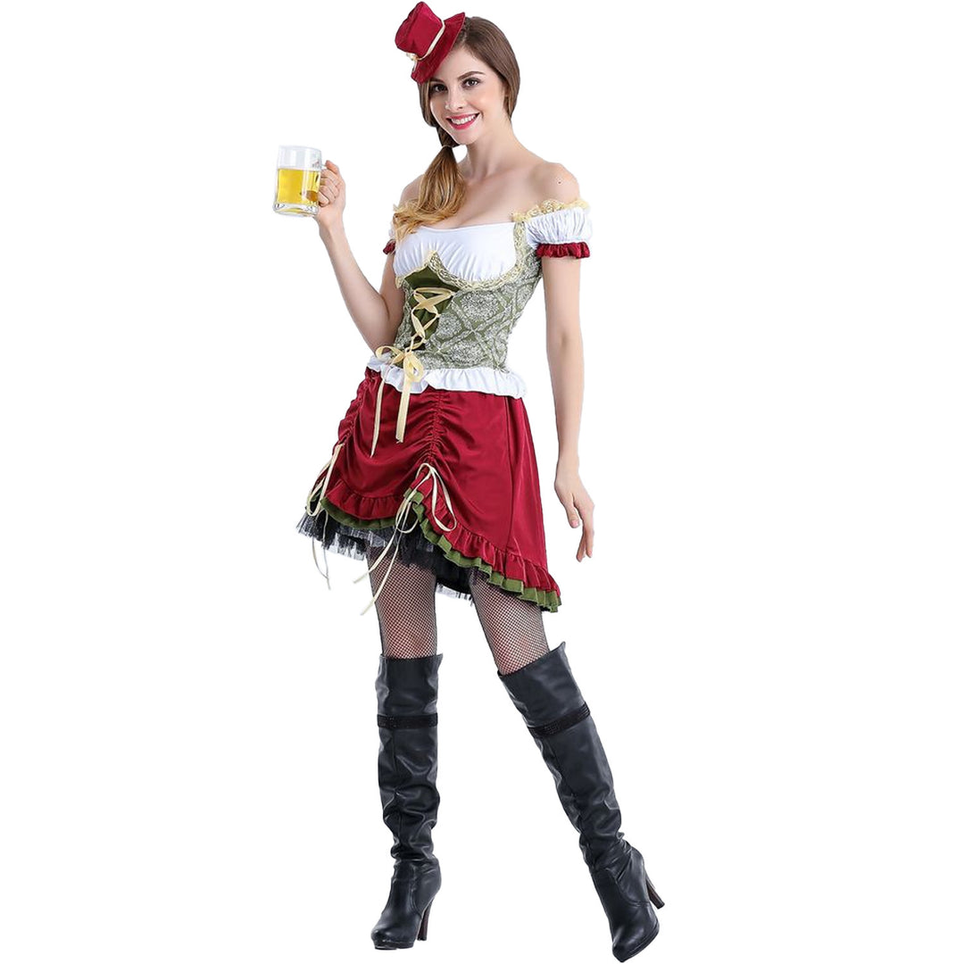 Damen nan kurzes Trachtenkleid im Dirndlstil mit floraler Spitzen-Schürze, geschnürter Miederfront und geraffter Carmenbluse Drune