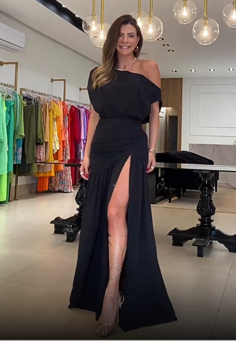 Damen Asymmetrisches Maxikleid mit Schlitz und Schulterfreiem Design Drune