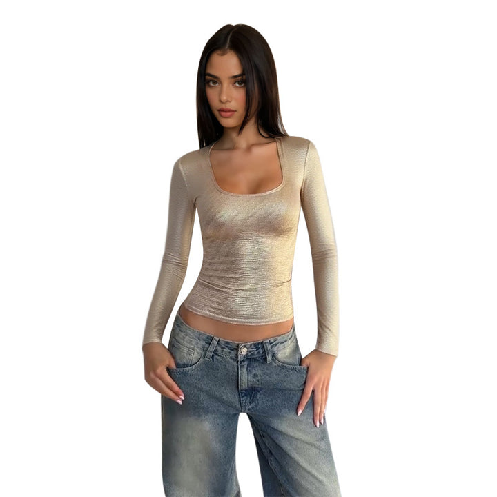 Damen schimmerndes Langarmshirt mit elegantem Rundhalsausschnitt und figurbetontem Schnitt Drune