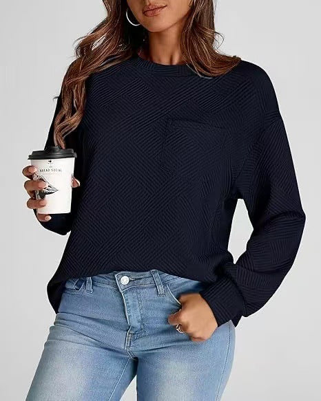 Damen lässiger Sweatshirt mit strukturiertem Design und aufgesetzter Brusttasche Drune