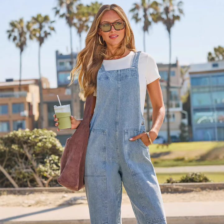 Damen Lässige Overall aus Denim mit weit geschnittenem Bein und praktischen Taschen Drune