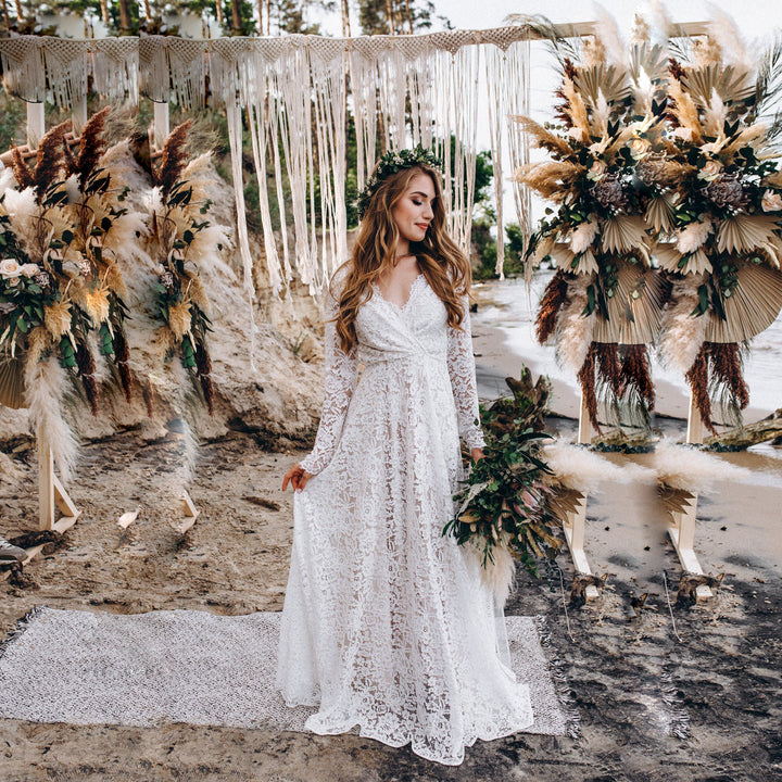 Damen Spitze Boho Hochzeitskleid Drune