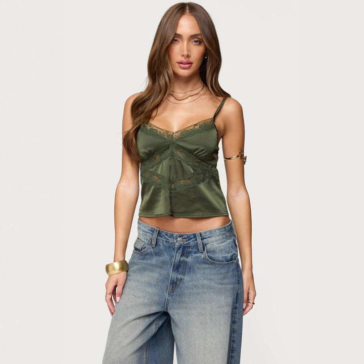 Damen Elegantes Satin-Cami-Top mit Spitzenverzierungen Drune