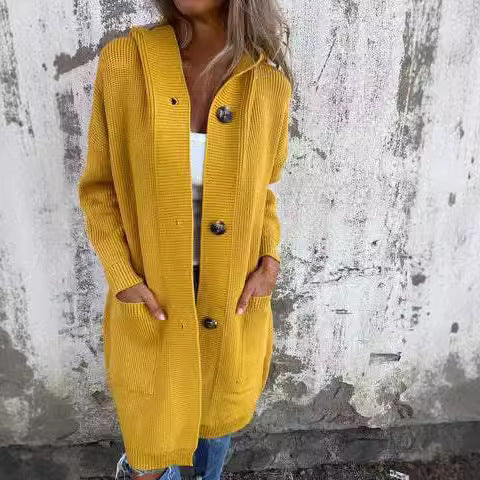 Damen lange Strickjacke mit Kapuze und Taschen Drune