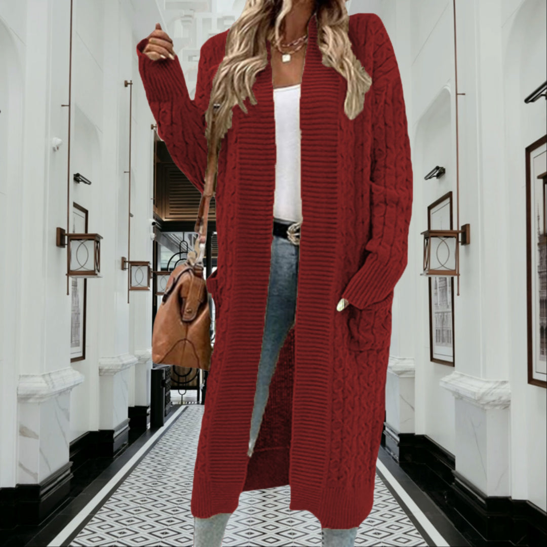 Damen Strickmantel mit modischen Zopfmuster und tiefen Taschen Drune