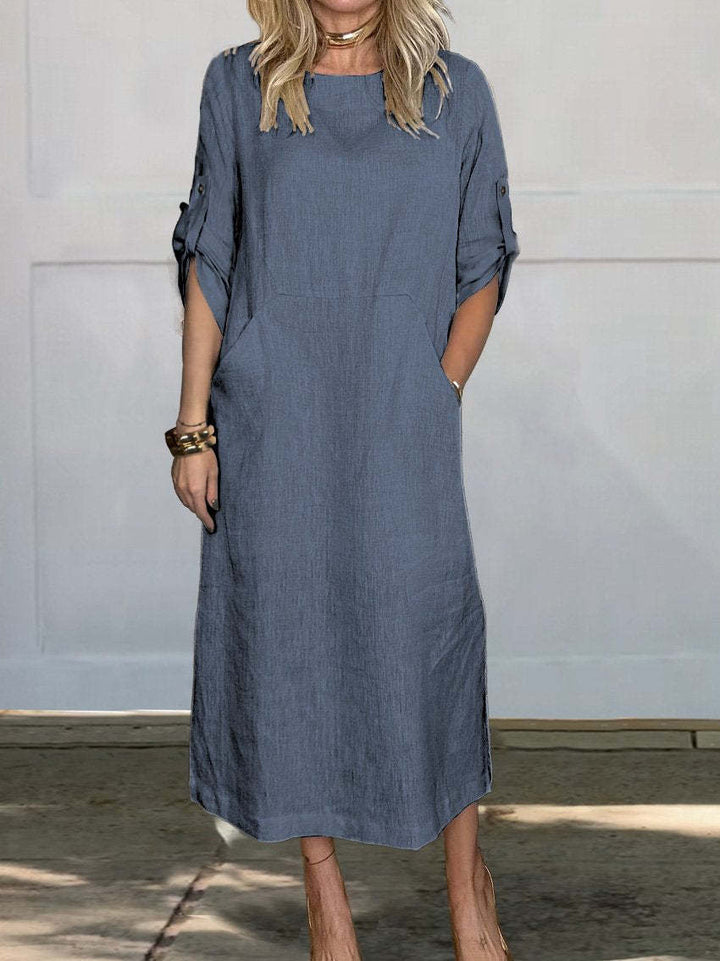 Damen Lässiges Leinen-Midikleid mit Seitentaschen und umschlagbaren Ärmeln Drune