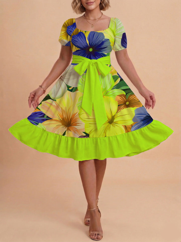 Damen Sommerkleid mit floralem Puffärmel und taillierbarem Gürtel Drune