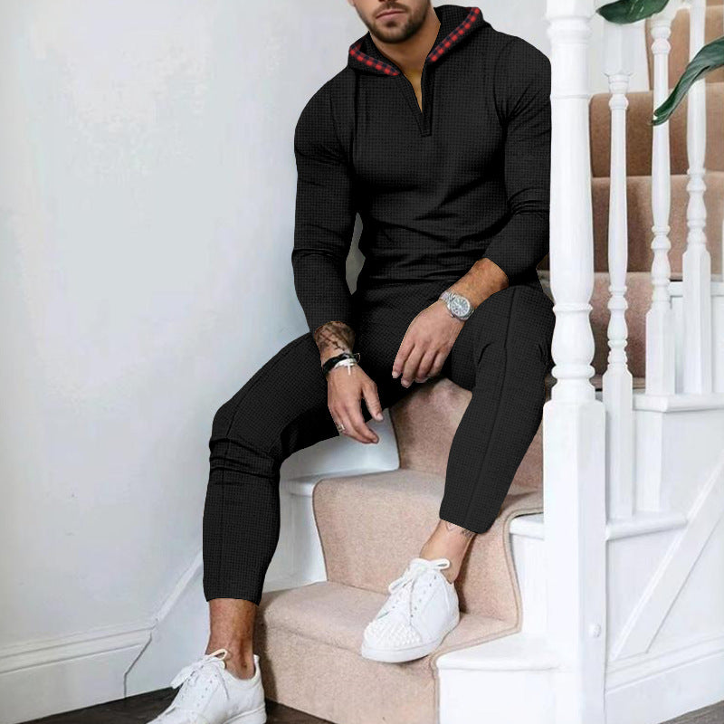 Herren nan Slim-Fit Waffel-Strick Kapuzen-Set mit Halbzip, kontrastgefütterter Kapuze und tapered Jogginghose Drune