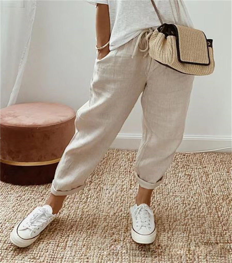 Damen nan legerer Leinen-Jogger mit Kordelzug, Eingrifftaschen und umgeschlagenem Saum Drune