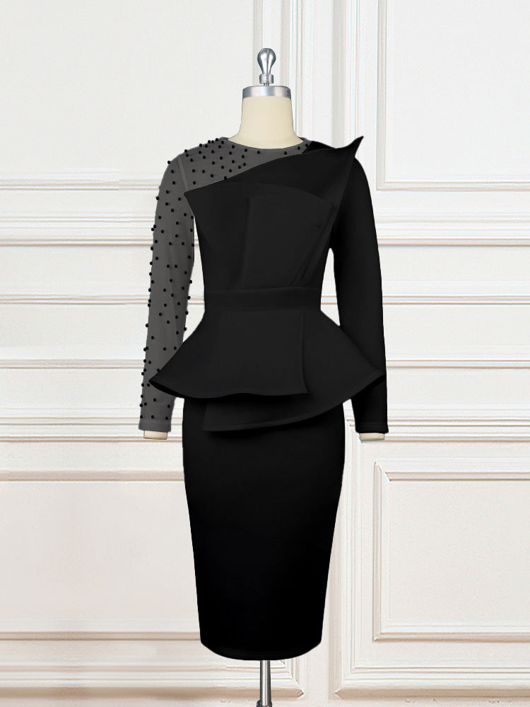 Damen Etuikleid mit transparenten Puffärmeln und dekorativem Peplum Drune