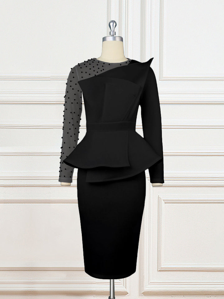 Damen Etuikleid mit transparenten Puffärmeln und dekorativem Peplum Drune