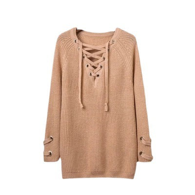 Damen Lässiger Strickpullover mit dekorativem Schnürdesign und weiten Ärmeln Drune