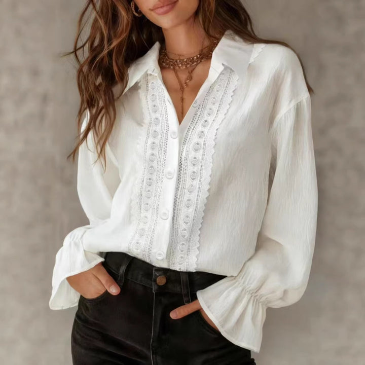Damen elegante Bluse mit Spitzendetails und Ballonärmeln Drune