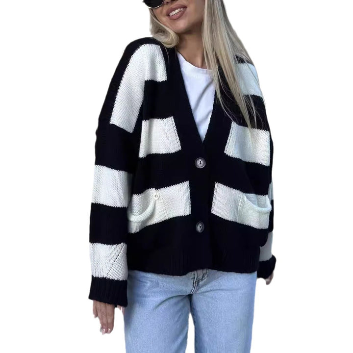 Damen kuschelige Oversized Strickjacke mit modernen Streifen und Taschen Drune