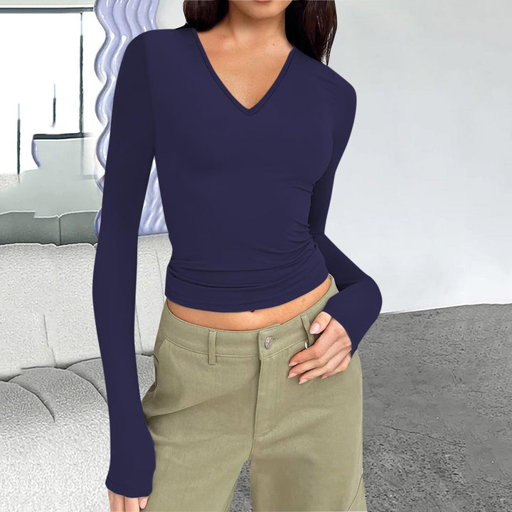Damen Langarmshirt mit figurbetontem Schnitt und V-Ausschnitt Drune