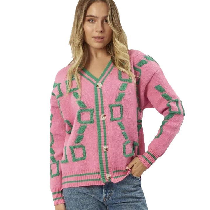 Damen modische Strickjacke mit geometrischem Muster und Knopfleiste Drune