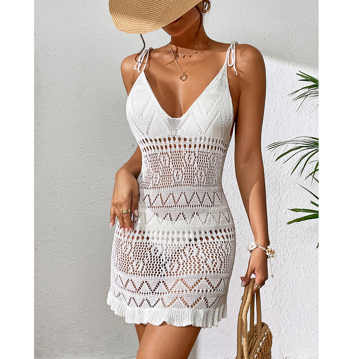 Damen Häkel-Strandkleid mit verstellbaren Trägern und Rüschensaum Drune