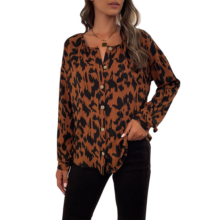 Damen Bluse mit Knotenverschluss und animalischem Print Drune