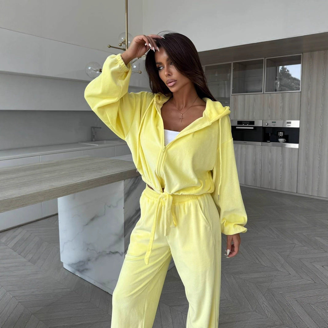 Damen Sportliches Fleece-Loungewear-Set mit praktischer Kapuze und weitem Schnitt Drune
