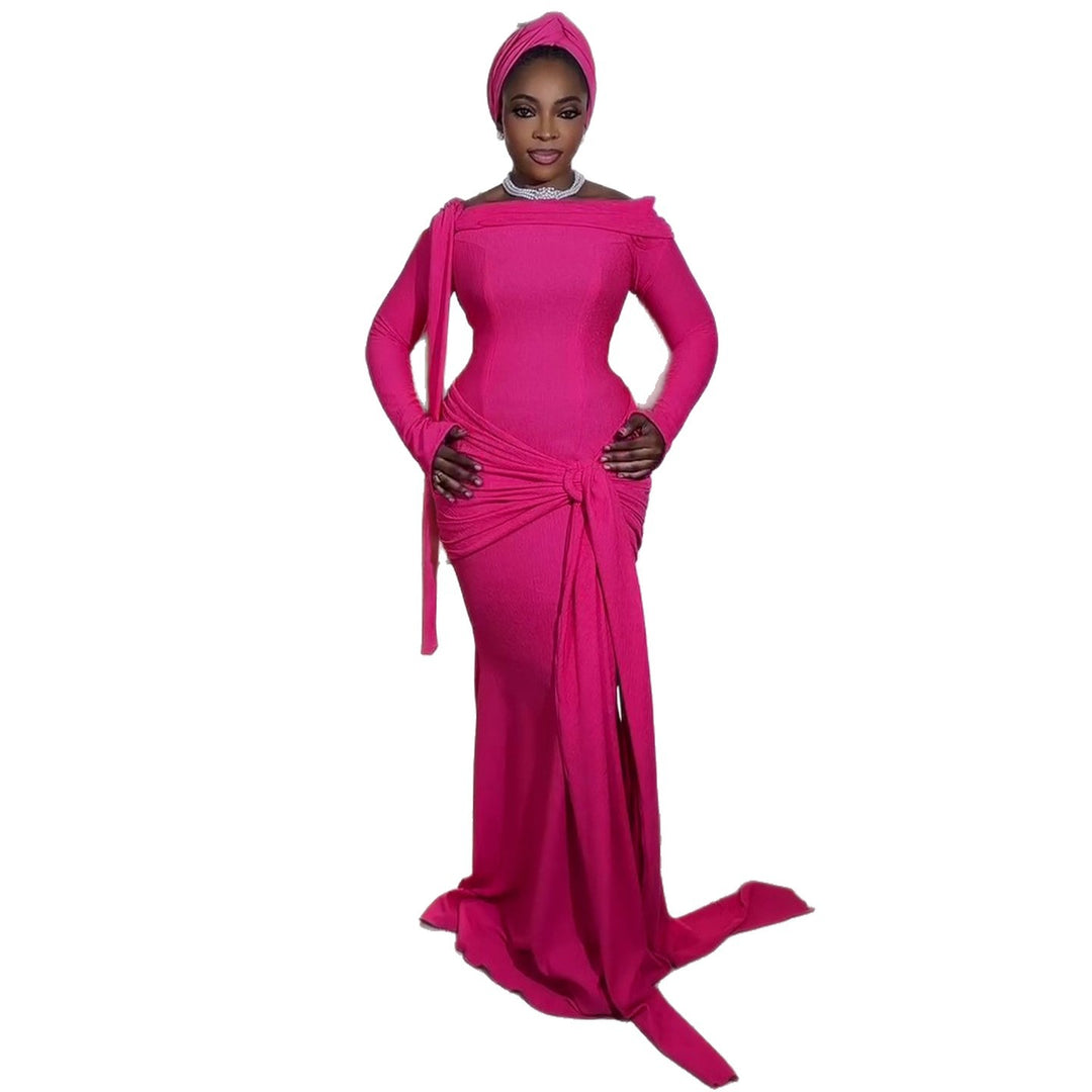 Damen Elegantes Langarmkleid mit asymmetrischem Drapé und Schleifenakzent Drune