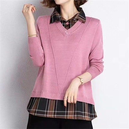 Damen Layered Strickpullover mit V-Ausschnitt und trendy Hemdbluse Drune