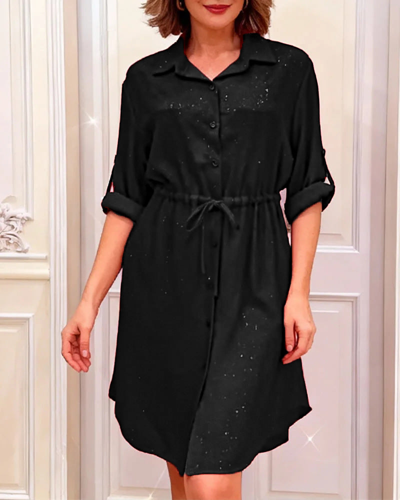 Damen Hemdblusenkleid mit Taillenzug und schimmernden Akzenten Drune