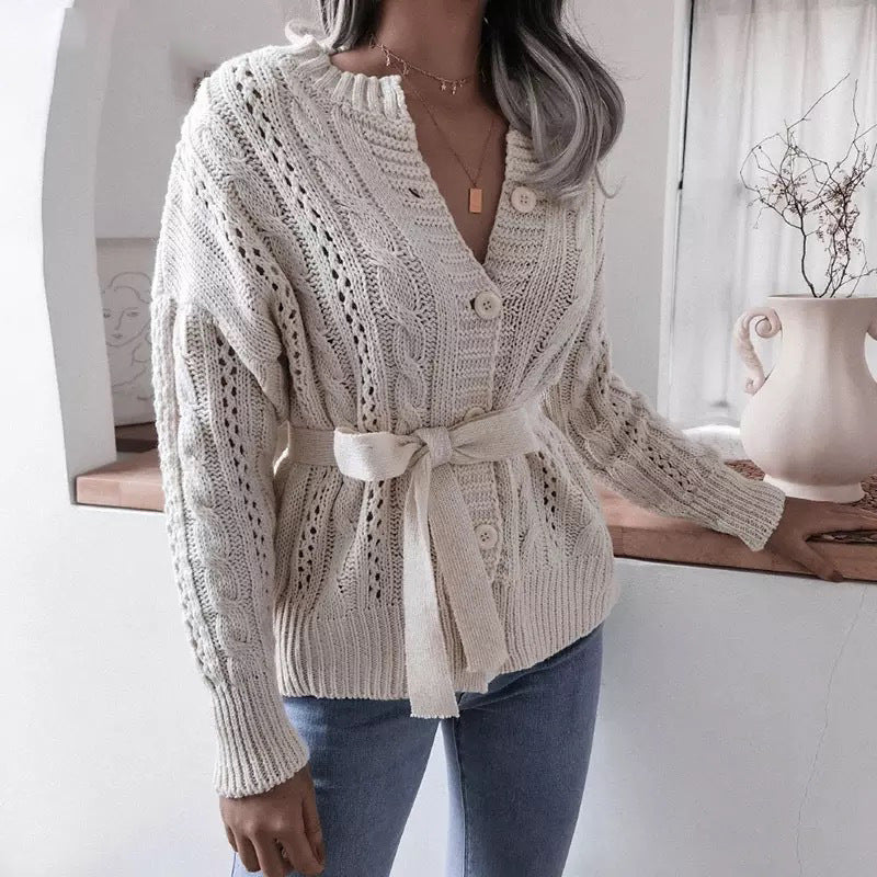 Damen Strickjacke mit gewaschenem Zopfmuster und Taillengürtel Drune