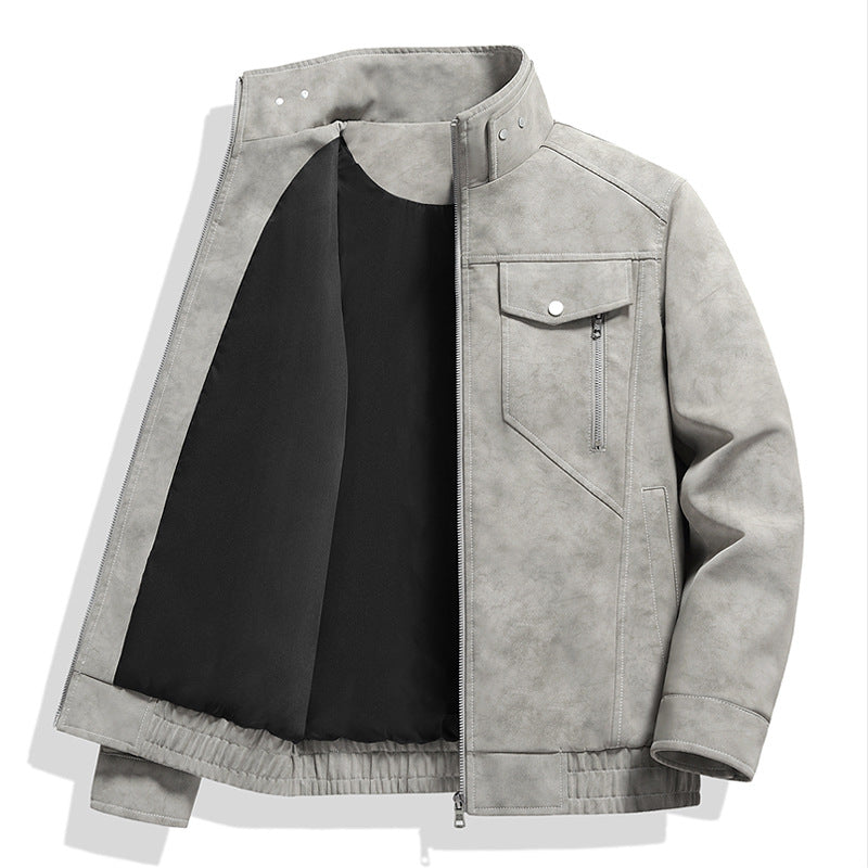 Herren  Faux-Suede Strukturierte Stehkragen-Zip-Jacke mit schrägen Brusttaschen Drune