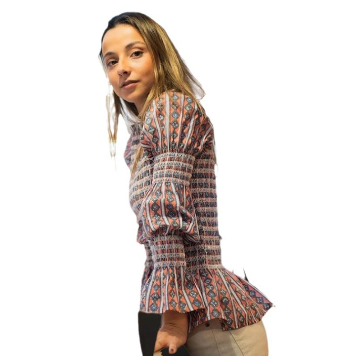 Damen Kleidung mit elastischen Rüschen und floralem Design Drune
