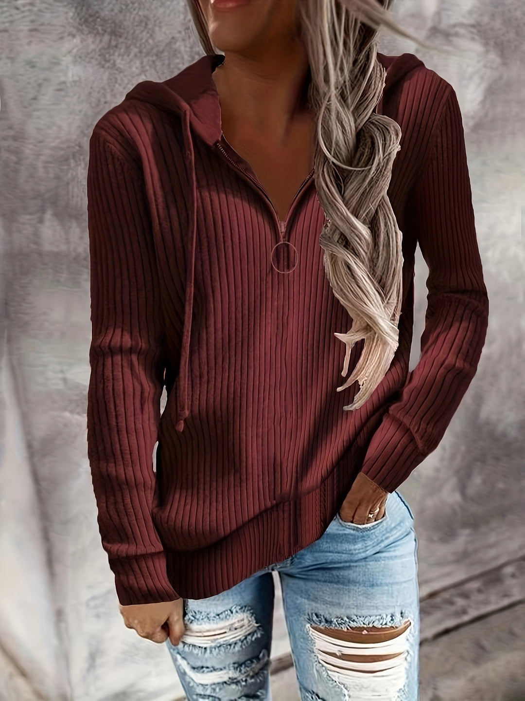 Damen lässiger Zip-Hoodie mit strukturiertem Rippmuster Drune