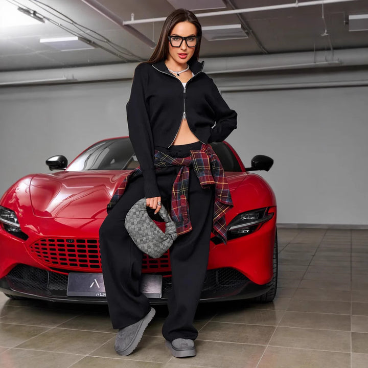 Damen nan gestricktes Loungewear-Zweiteiler mit kurzem Reißverschluss-Cardigan und weitem Highwaist-Hosenbein Drune