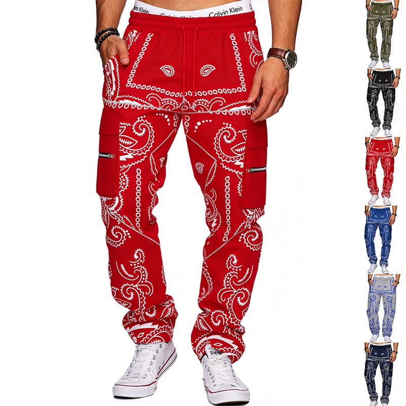 Herren nan Cargo-Jogginghose mit Paisley-Muster, elastischem Bund, multiple Reißverschluss- und Klappentaschen Drune