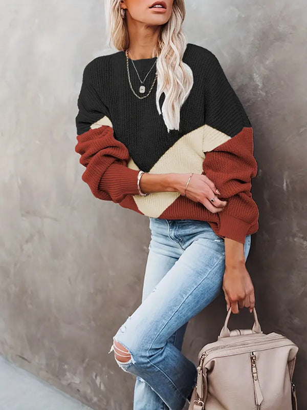 Damen Casual Blockstreifen Pullover mit voluminösen Ärmeln Drune