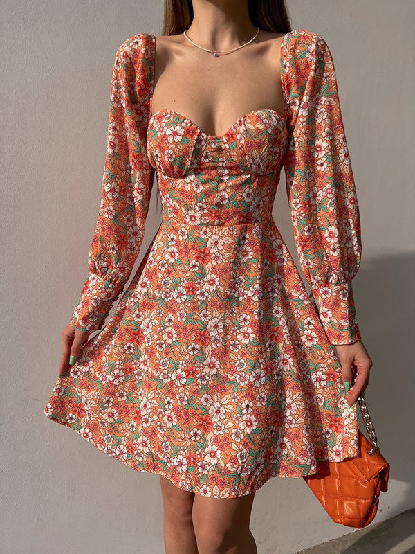 Damen Puffärmel Kleid mit romantischem Blumenmuster und herzförmigem Ausschnitt Drune
