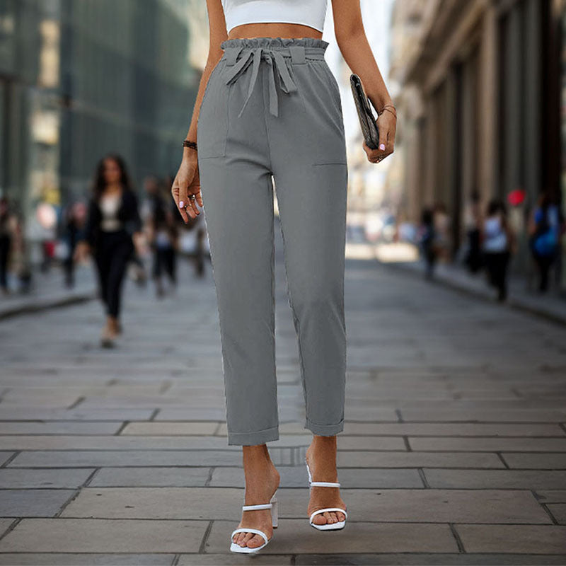 Damen elegante Chino-Hose mit hohem Bund und Taillenzug Drune