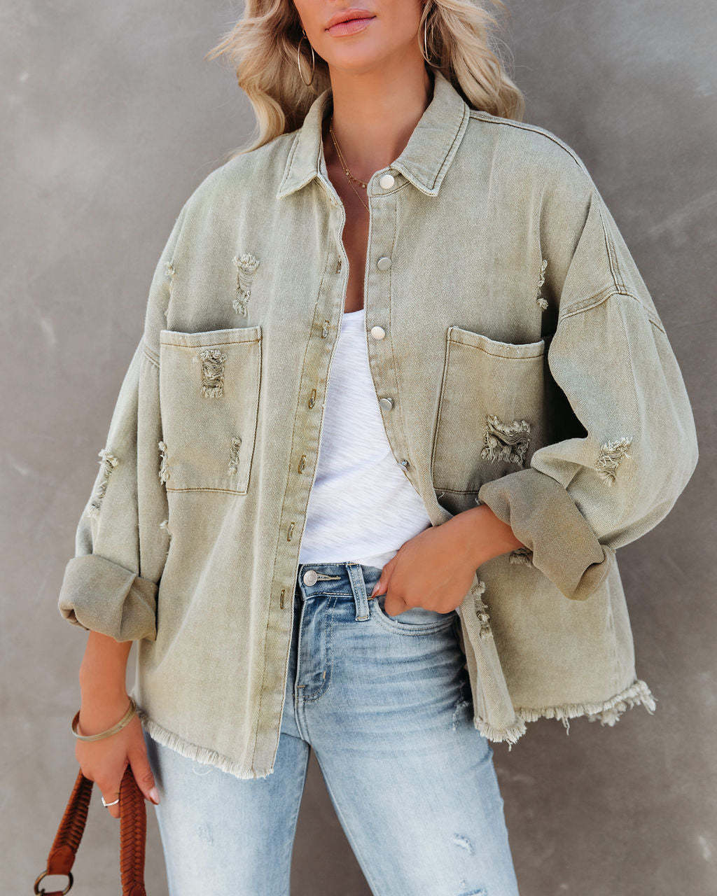 Damen lässige Oversized Jeansjacke mit fransigen Details Drune