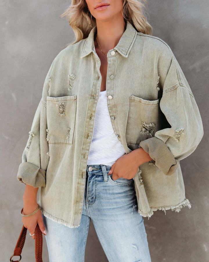 Damen lässige Oversized Jeansjacke mit fransigen Details Drune