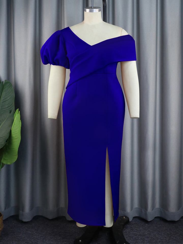 Damen Elegantes Maxikleid mit asymmetrischem Ausschnitt und voluminösen Puffärmeln Drune
