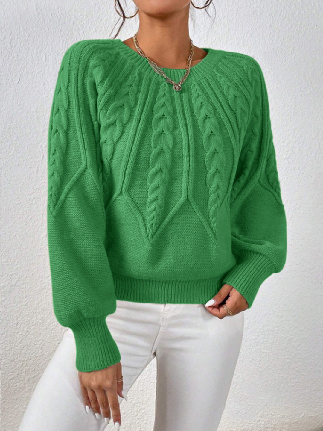 Damen nan kurzer Zopfmuster-Strickpullover mit Ballonärmeln und geripptem Saum Drune